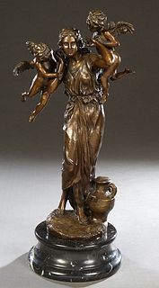 Continental School, "Classical Maiden with Two Cherubs," 20th/21st c., patinated bronze, on a highly figured stepped black circular marble plinth, Fig
