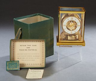 Jaeger LeCoultre Atmos Brass and Glass Mantel Clock, Ser. # 101568, c. 1950's, with original box/carrying case, and instructions, H.- 8 7/8 in., W.- 7