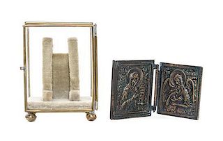 * An Eastern European Bronze Diptych Icon Height 2 3/4 x Width 4 4/3 inches