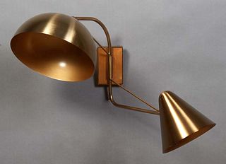 Unusual Mid-Century Modern Brass Plated Iron Lamp, 20th c., one with a globular metal shade, one with a metal bullet shade, H.- 16 in., W.- 31 in., D.