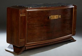 French Art Deco Carved Walnut Ormolu Mounted Bowfront Sideboard, c. 1940, with an inset highly figured bowed black marble over central bowed cupboard 