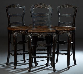 Set of Four French Provincial Louis XV Style Carved Mahogany Bar Stools, 20th c., the arched floral and shell carved crest rail over an arched ladder 