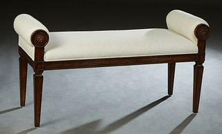 Carved Mahogany Afton Window Seat, 20th/21st c., with rolled upholstered armd, to an upholstered seat, on tapered square legs, in white linen covering