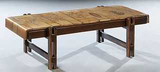 French Earthenware Tile and Walnut Coffee Table, possibly by Roger Capron (1922-2006), the tiles with impressed leaf decoration, on a wood trestle bas