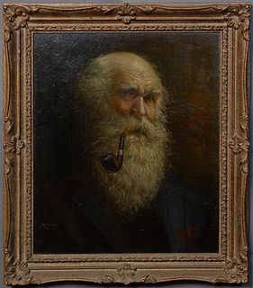 American School, "Old Man with a Pipe," late 20th c., oil on board, signed "Bruns" lower right, presented in a gilt frame, H.- 22 1/4 in., 18 1/4 in.,