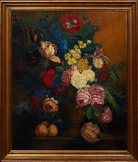 Continental School, "Still Life of Flowers and Peaches," early 20th c., oil on canvas, initialed lower right, presented in a gilt frame, H.- 35 3/4 in