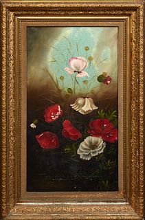 Continental School, "Still Life of Poppies," 19th c., oil on canvas, unsigned, presented in a gilt frame, H.- 26 5/8 in., W.- 14 1/2 in., Framed H.- 3