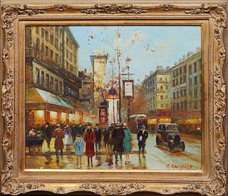 Rene Rambert (1901-1991, French), "Paris Street Scene," early 20th c., oil on canvas laid to board, signed lower right, presented in a gilt frame, H.-