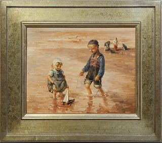 Jean Lefort (1948-, France), "Children Playing with a Toy Boat at the Beach," 20th c., oil on canvas laid to board, signed lower right, presented in a