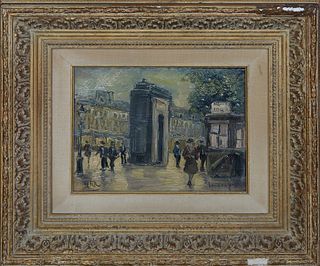 Louis van der Pol (1896-1982, Dutch), "Paris Street Scene," 20th c., oil on board, signed lower right, with "HHR" written in paint lower left, present