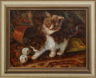 J. W. van Trirum (Dutch), "Kittens Playing with Dice," 20th c., oil on canvas, signed lower right, presented in a gilt frame, H.- 11 1/4 in., W.- 15 1