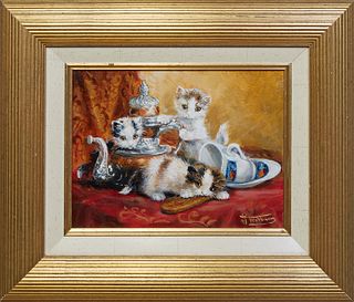 J. W. van Trirum (1924-2011, Dutch), "Tea Time with Kittens," 20th c., oil on panel, signed lower right, presented in a gilt frame, H.- 6 7/8 in., W.-