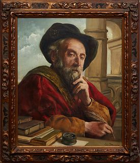 Léon de Meutter Brunin (1861-1949, Belgium), "The Scholar," early 20th c., oil on canvas, signed lower right, presented in a gilt frame, H.- 21 in., W