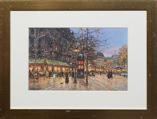 Paul Renard (1941-1997), "Paris Street Scene," 20th c., gouache on paper, signed lower left, presented in a gilt frame, H.- 7 1/4 in., W.- 11 1/4 in.,