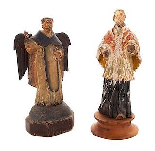 Two Carved and Polychrome Decorated Santos Figures Height of taller overall 12 1/4 inches.