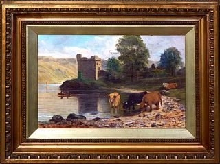 John Middleton (Scottish), "Cows Drinking Water," 1901, oil on canvas, signed and dated lower right, presented in a gilt frame, H.- 11 3/8 