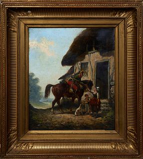 Emile Bujon (French), "Officer Leaving Home," 1884, oil on canvas, signed and dated lower right, presented in a gold leaf frame, H.- 15 1/4 in., W.- 1