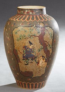 Large Japanese Porcelain Baluster Vase, late 19th c., of sloping form, with a reserve of cranes, figures in a landscape, and figures next to a tree, H