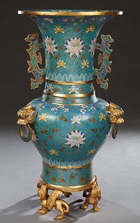 Large Chinese Cloisonne Baluster Bronze Vase, 20th c., of tapered form, the large everted rim over cloisonne side Foo lion handles, to shoulders with 