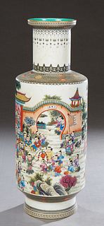 Large Chinese Porcelain Baluster Vase, 20th c., of tapering form, the everted rim over brightly colored shoulders, above a landscape scene with many c