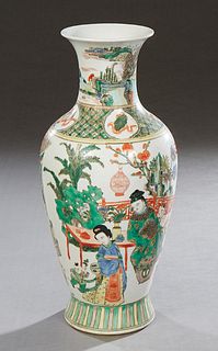Chinese Porcelain Famille Verte Baluster Vase, 20th c., the everted rim over tapering sides, with figural and landscape decoration, the underside with