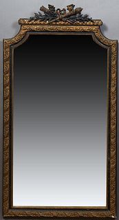 French Louis XVI Style Gilt and Gesso Overmantel Mirror, late 19th c., with a pierced torch and quiver crest over a shaped frame with relief ribbons a
