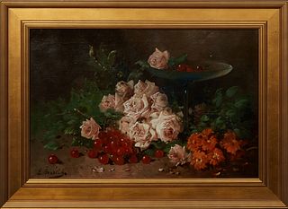 Henri Schouten (1857-1927, Belgian), "Still Life of Flowers and Cherries," late 19th/early 20th c., oil on canvas, signed under pseudonym "E. Marloh" 