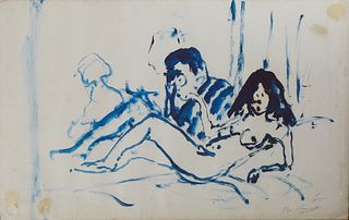 Noel Rockmore (1928-1995, New Orleans), "Reclining Nude on Bed with Man," 1965, gouache on paper, signed and dated in pencil lower right, unframed, sh