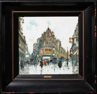 Mario Maresca (1877-1959, Italian), "A Street Scene in Paris," 20th c., oil on porcelain tile, signed M. Maresca lower left, artist label en verso, pr