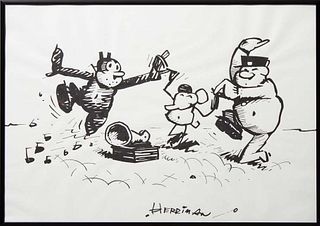 Attributed to George Herriman (1880-1944, New Orleans/Los Angeles), Drawing of Krazy Kat Comic Strip, ink over graphite on paper, signed on bottom, pr