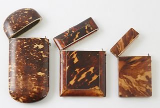 Three English Tortoise Shell and Bone Calling Card Holders, 19th c., Largest- H.- 5 3/4 in., W.- 2 3/4 in., D.- 3/4 in. (3 Pcs.)