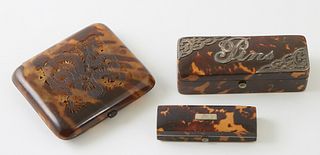 Three Small Tortoise Shell Boxes, late 19th c., consisting of a tortoise and bone small box; a Chinese dragon carved cigarette case; and a sterling mo