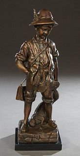 Continental School, "Alpine Boy Hunter with Rabbit," 20th/21st c., patinated bronze, on a black marble plinth, H.- 21 3/4 in., W.- 7 1/8 in., D.- 6 1/