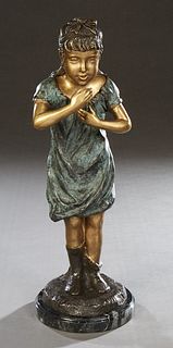 Continental School, "Little Girl Blowing a Kiss," 20th/21st c., patinated bronze, on a circular figured black marble plinth, H.- 20 3/4 in., Dia.- 7 i