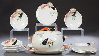 Italian Eleven Piece Ceramic Seafood Set, 20th c., by Creart, consisting of a large platter, a large covered tureen and ladle, 6 bowls, and 2 plates, 
