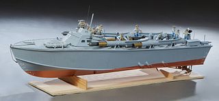 Large Handmade Wooden Model of PT 277, on a plywood stand, H.- 20 in., W.- 60 in., D.- 12 in.