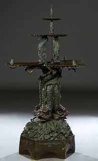 Unusual Patinated Bronze Seahorse Fountain Figure, 20th/21st c., with a central spout over a lily pad bowl above three lily pad bowls, on three seahor