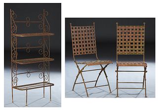 Three Pieces of Wrought Iron, 20th/21st c., consisting of a pair of side chairs with woven slat backs and seats; together with a small baker's rack, C