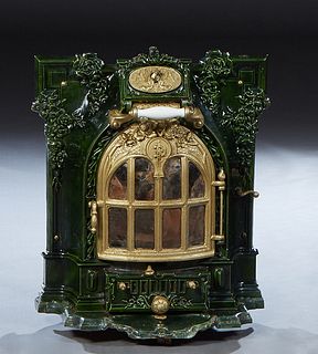 French Enamel and Cast Iron Coal Room Heater, early 20th c., By Manon, H.- 27 1/2 in., W.- 22 3/8 in., D.- 16 in.
