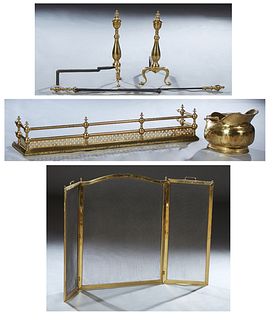 Group of Six Brass Fireplace Accessories, 20th c., consisting of a helmet form coal scuttle; a poker and tongs; a pair of andirons; a folding screen a