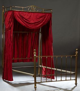 English Brass Plated Iron Double Canopy Bed, c. 1900, the arched spindled baldequin with red velvet canopy and draperies, above a spindled back headbo