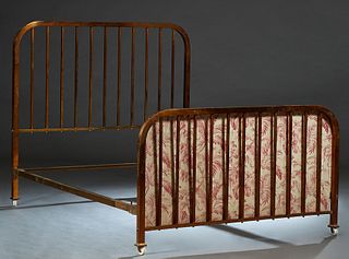 French Brass Bed, early 20th c., the arched headboard with square spindles to iron rails and a like lower spindled footboard, H.- 55 in., Int. W.- 58 