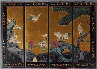 Japanese Black Lacquer Four Panel Table Screen, 20th c., with polychromed decoration of cranes in flight and in a garden, on a gilt background, with p