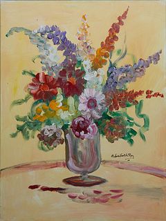 Anna Sandhu Ray (1946-, Virginia/Tennessee), "Floral Still Life," 20th/21st c., oil on canvas, signed lower right, unframed, H.- 40 in., W.- 30 in.