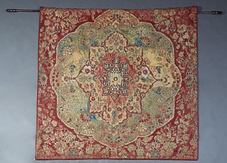 Large Woven Tapestry, 20th c., pen signed lower right Douglas, on an iron curtain rod with spear ends, H.- 68 in., W.- 68 in.. Provenance: Property fr