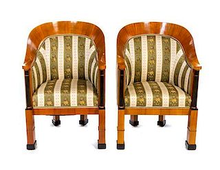 A Pair of Biedermeier Parcel Ebonized Birch Club Chairs Height 39 1/4 inches.