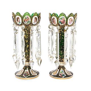 * A Pair of Enameled Bohemian Overlay Glass Girandoles Height 15 inches.