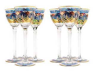 * A Set of Bohemain Enameled Glass Stemware Height of first 7 3/4 inches.