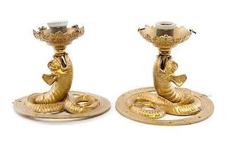 A Pair of Continental Gilt Metal Wall Sconces Length 7 inches.