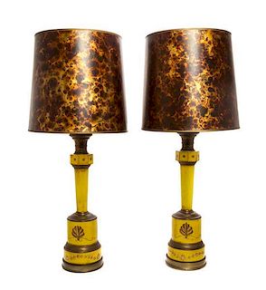 A Pair of Tole Table Lamps Height overall 34 inches.